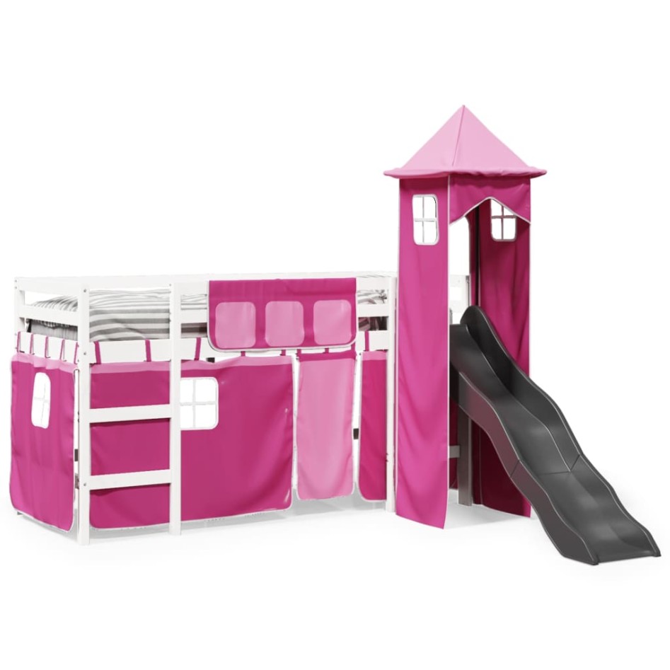 Cama alta para niños con torre madera pino rosa 80x200