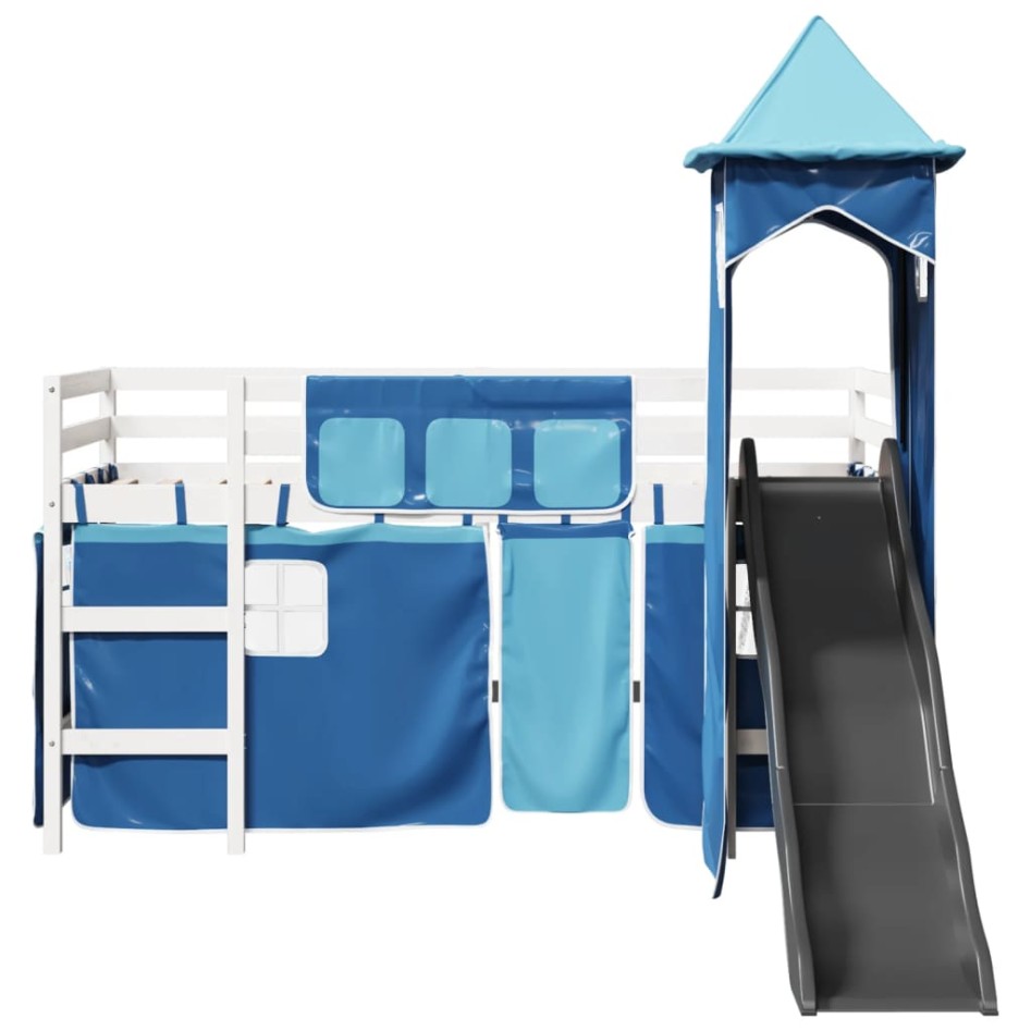 Cama alta para niños con torre madera pino azul 90x200