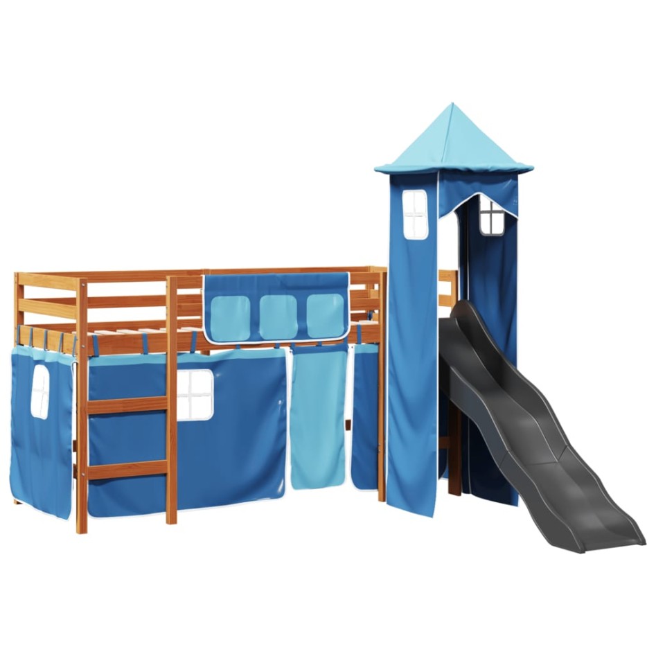 Cama alta para niños con torre madera pino azul 80x200