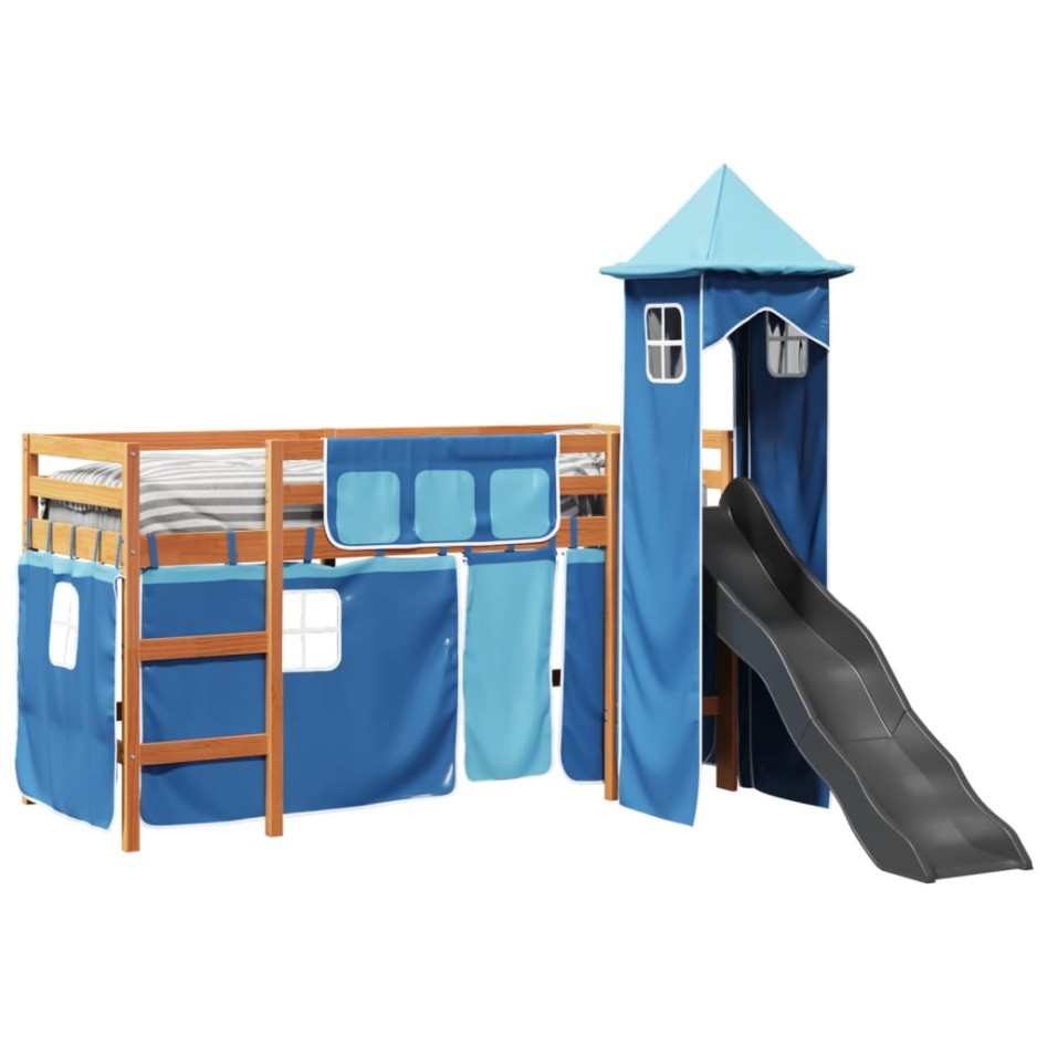 Cama alta para niños con torre madera pino azul 80x200