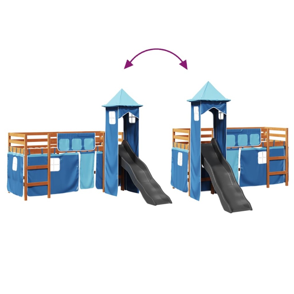 Cama alta para niños con torre madera pino azul 80x200