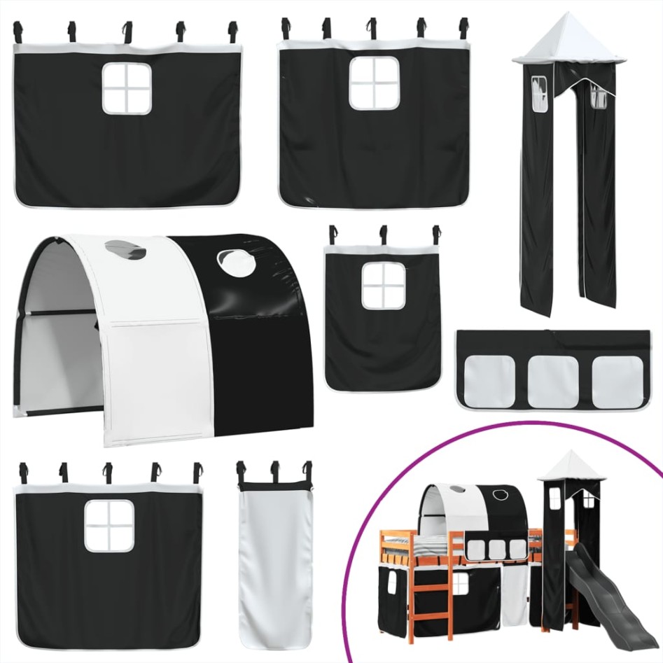 Cama alta niños con torre madera pino blanco negro 90x190