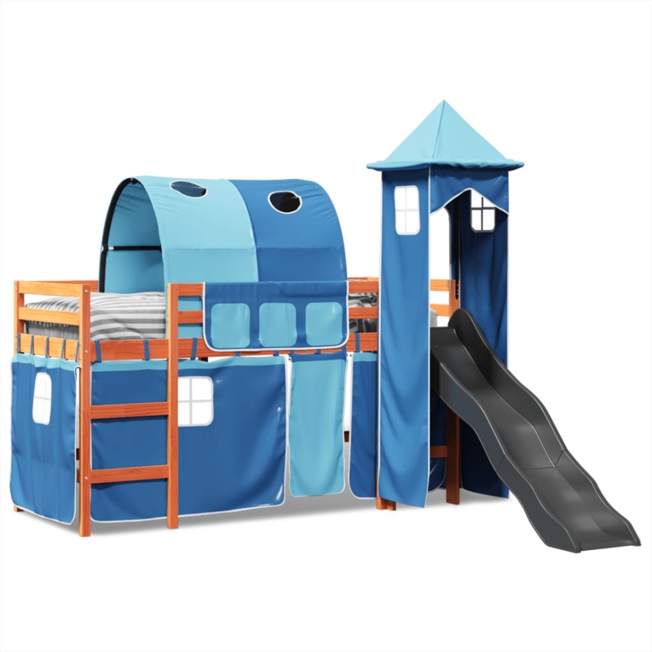 Cama alta para niños con torre madera pino azul 80x200