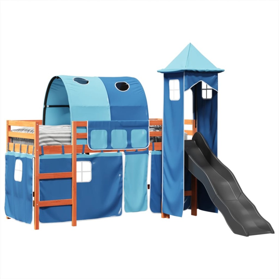 Cama alta para niños con torre madera pino azul 80x200