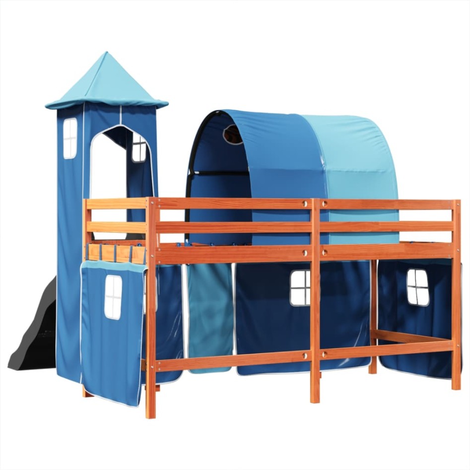 Cama alta para niños con torre madera pino azul 80x200