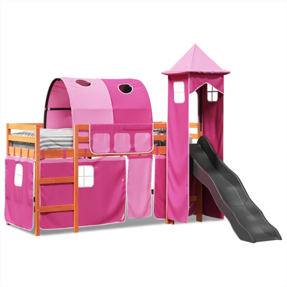 Cama alta para niños con torre madera pino rosa 90x190