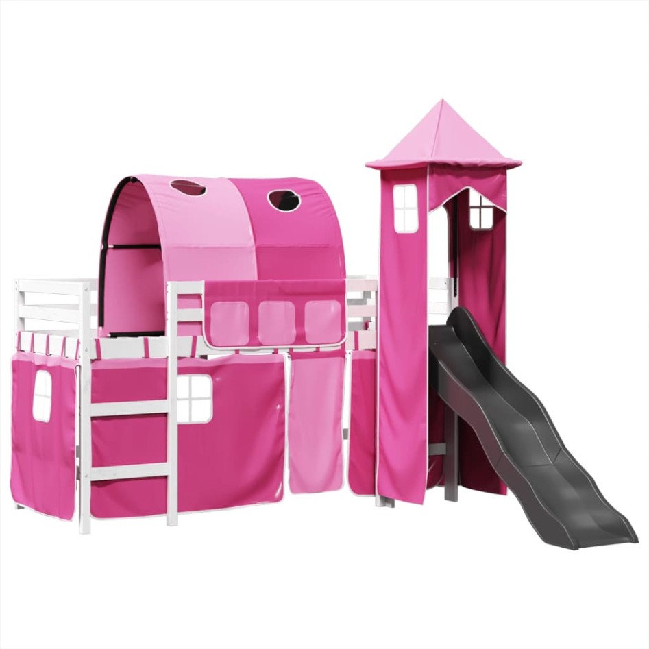 Cama alta para niños con torre madera pino rosa 80x200