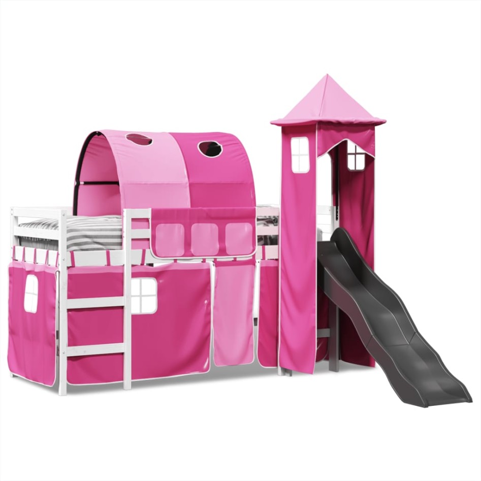 Cama alta para niños con torre madera pino rosa 80x200