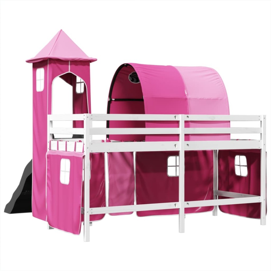Cama alta para niños con torre madera pino rosa 80x200
