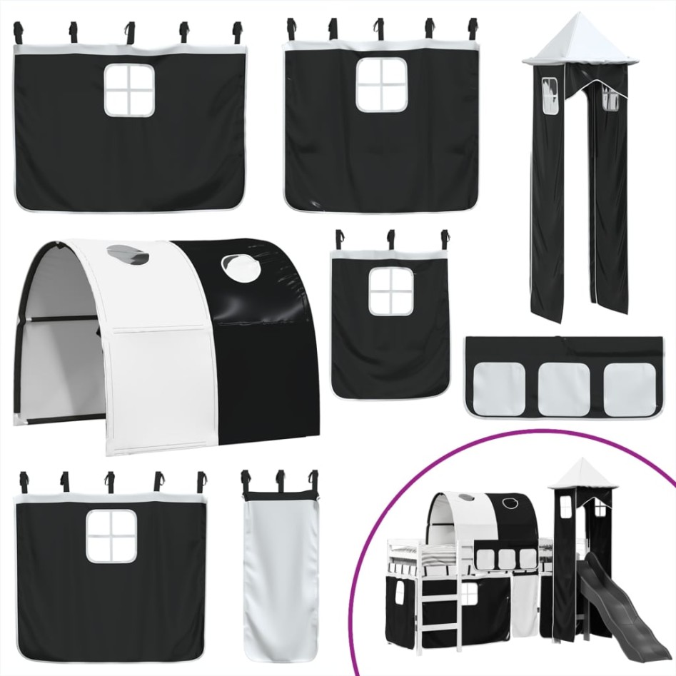 Cama alta niños con torre madera pino blanco negro 90x200