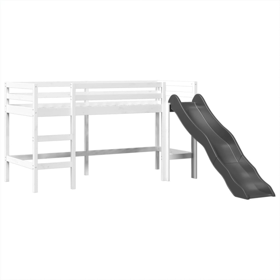 Cama alta niños con torre madera pino blanco negro 90x200