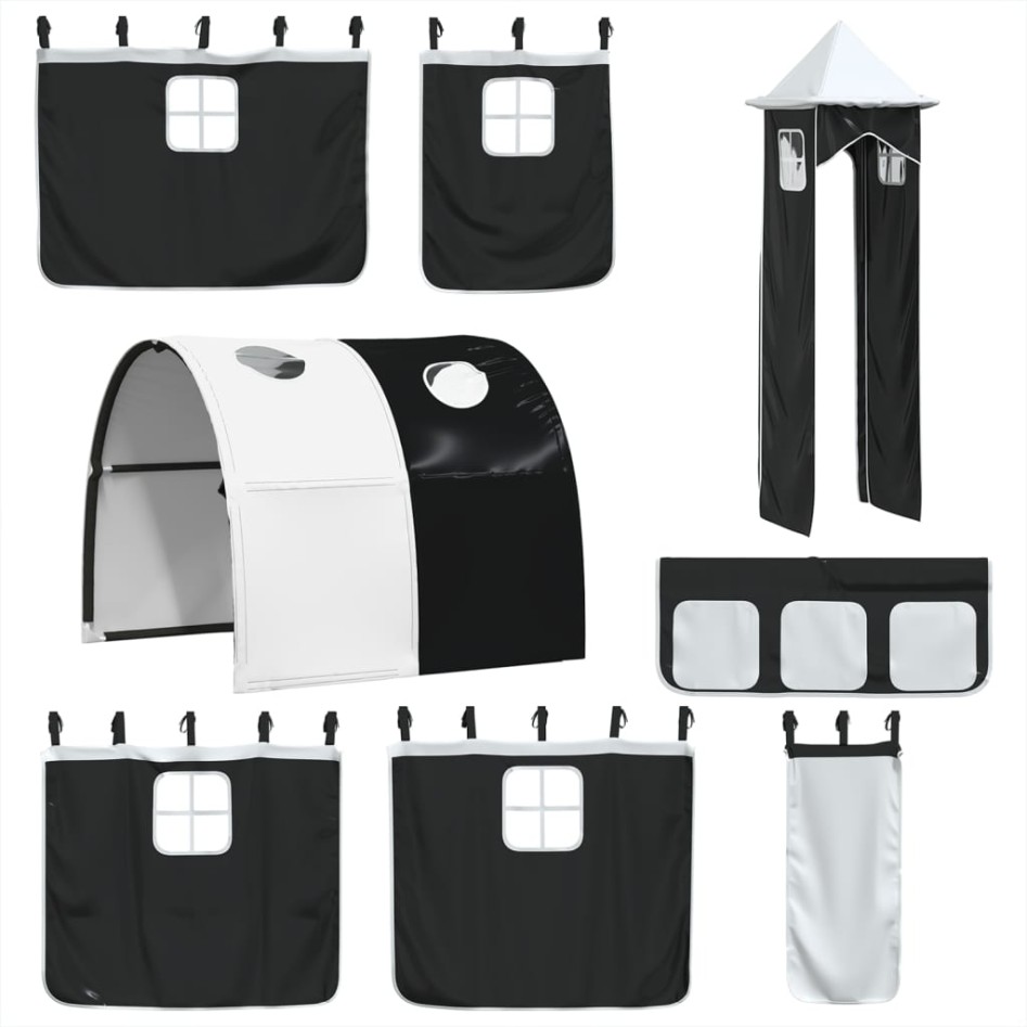 Cama alta niños con torre madera pino blanco negro 90x200