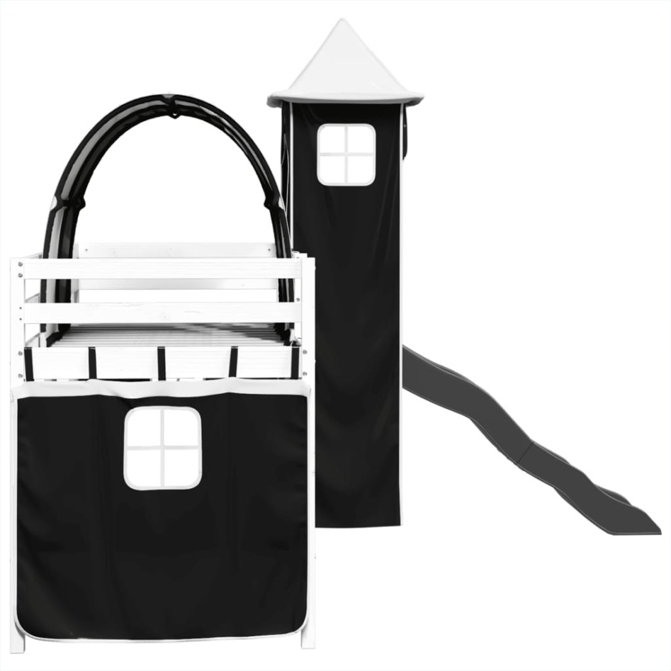 Cama alta niños con torre madera pino blanco negro 90x200