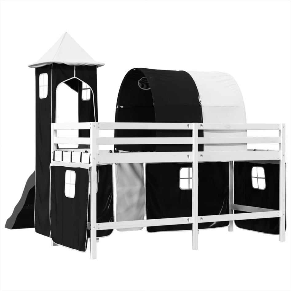 Cama alta niños con torre madera pino blanco negro 90x200
