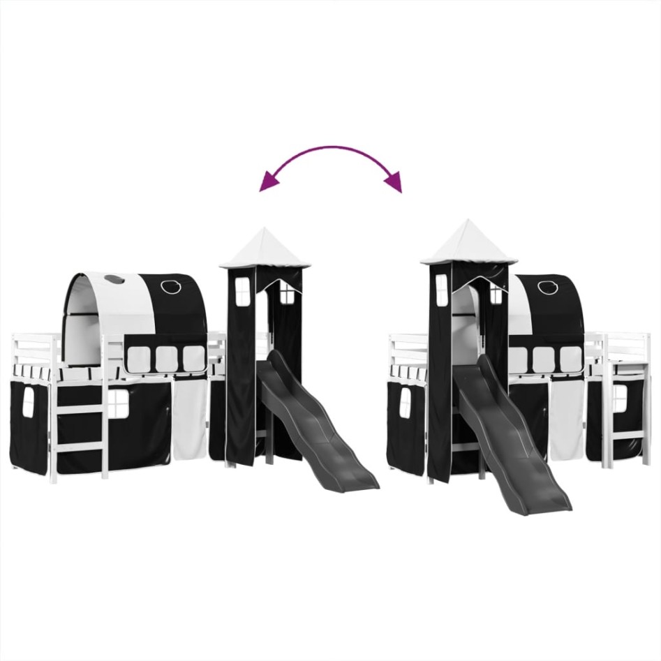 Cama alta niños con torre madera pino blanco negro 90x200