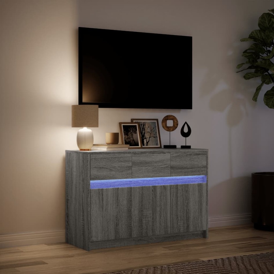 Mueble de TV con LED madera ingeniería gris Sonoma 91x34x61