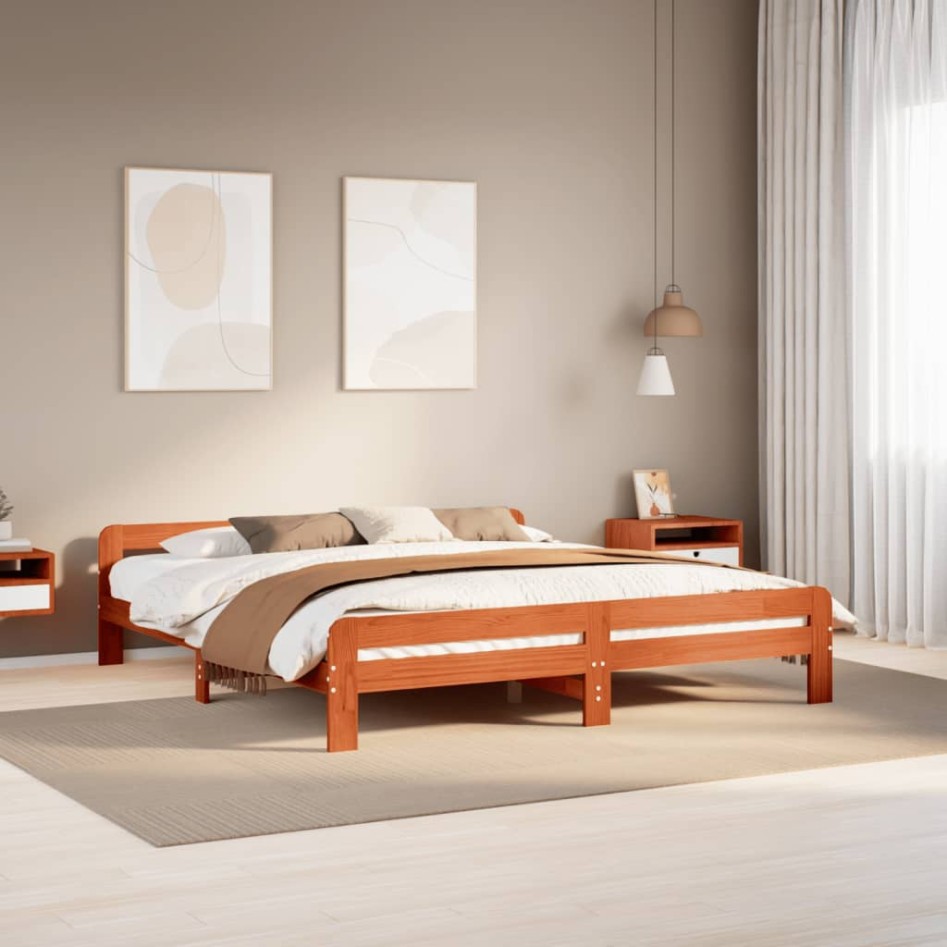 Cama sin colchón madera maciza de pino marrón cera 180x200