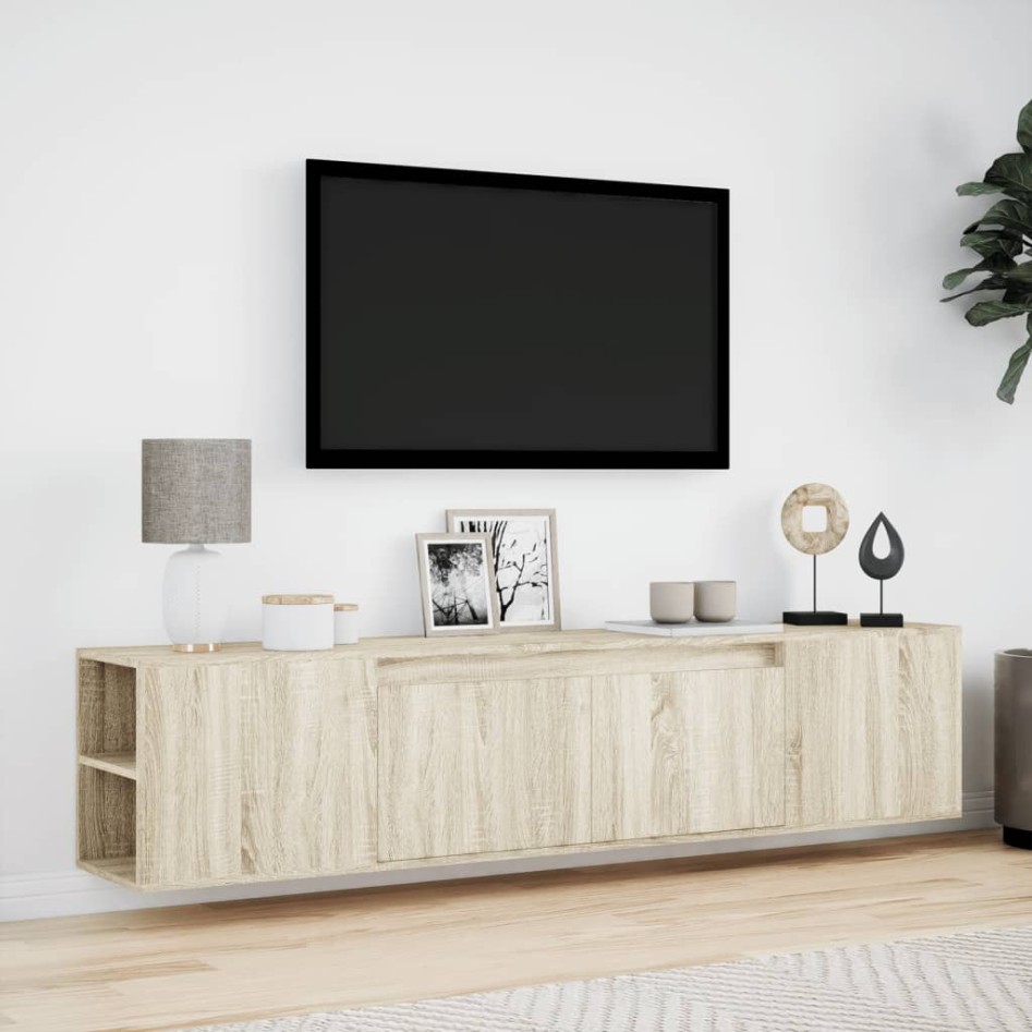 Mueble de TV de pared con luz LED roble Sonoma 180x31x39,5