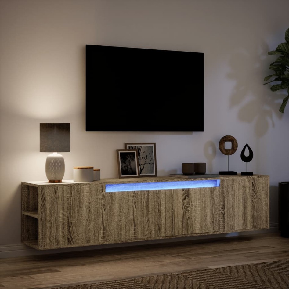 Mueble de TV de pared con luz LED roble Sonoma 180x31x39,5