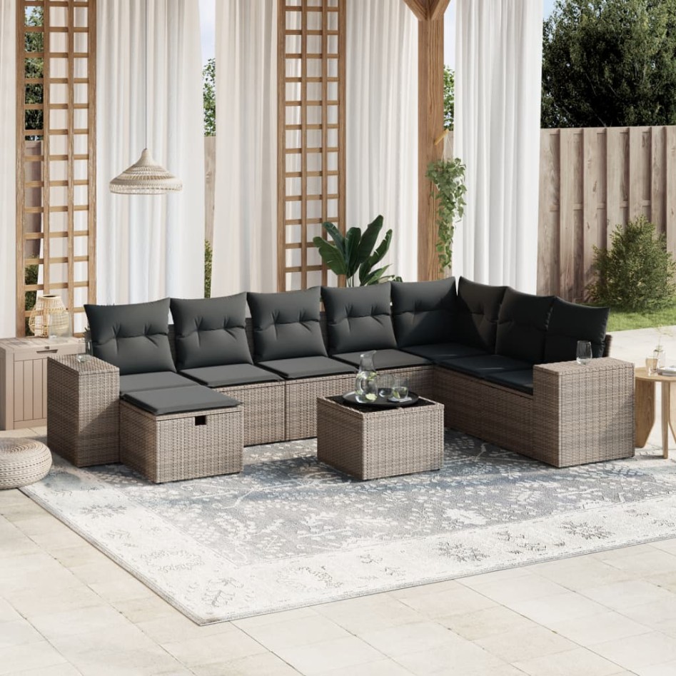 Set de muebles de jardín 9 pzas y cojines ratán sintético