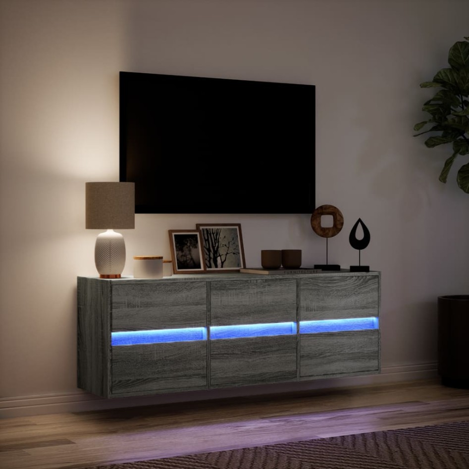 Mueble de TV de pared con luces LED gris Sonoma 130x31x45