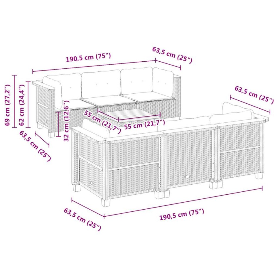 Set sofás de jardín 7 piezas y cojines ratán sintético