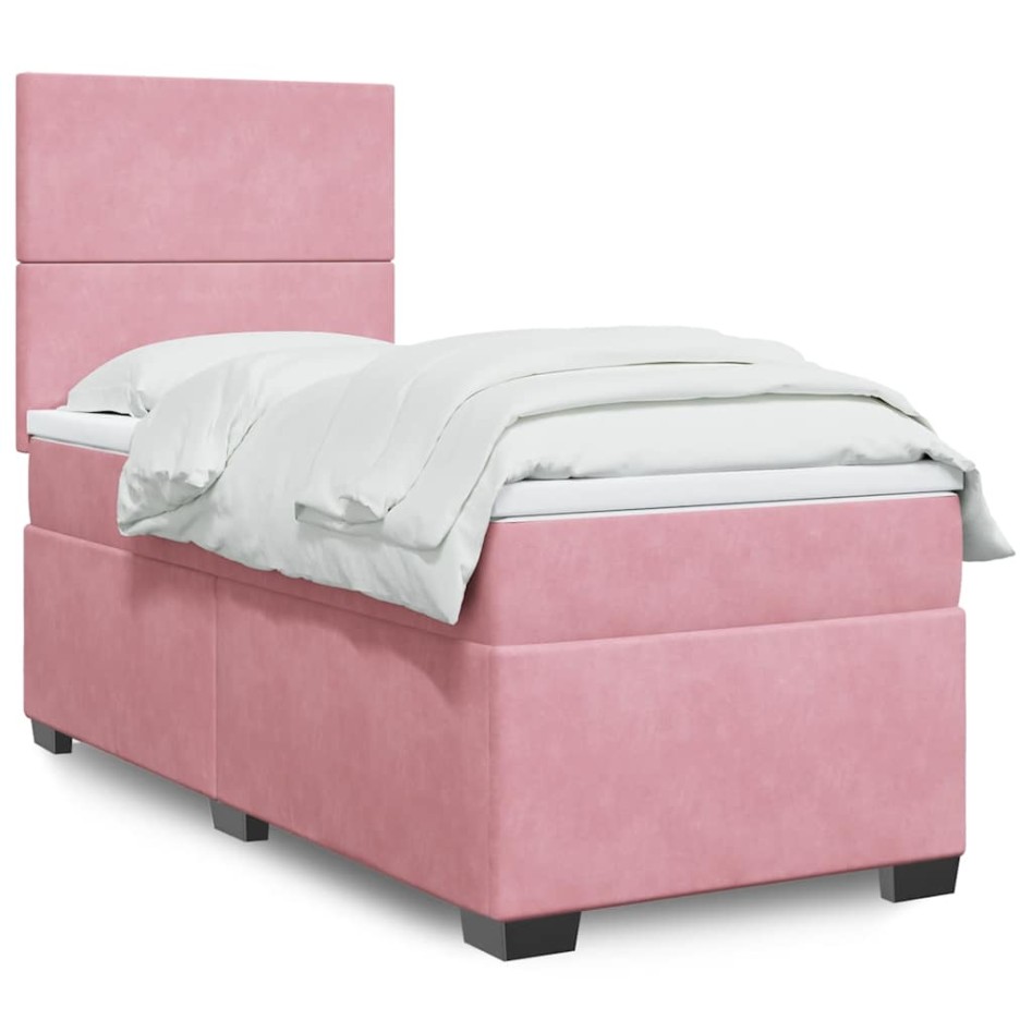 Cama box spring con colchón terciopelo rosa 80x200