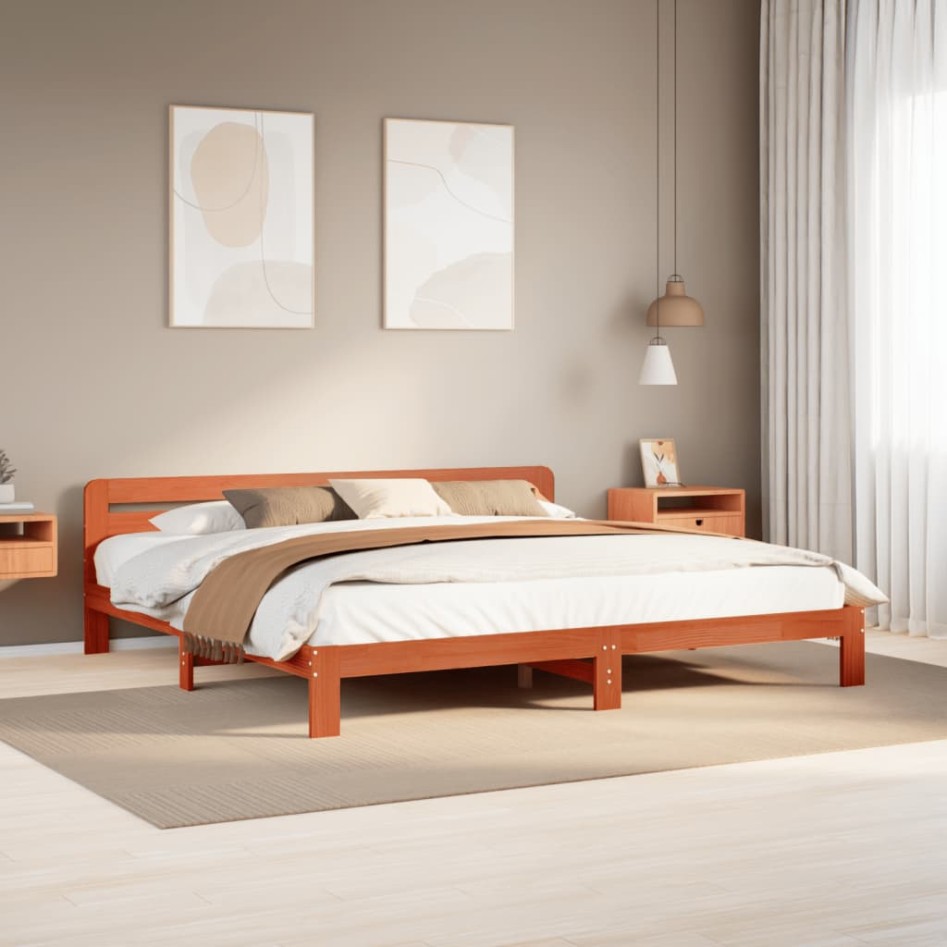 Cama sin colchón madera maciza de pino marrón cera 180x200