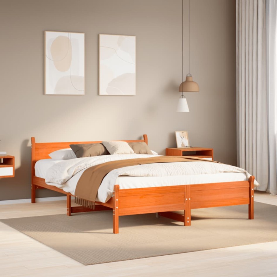 Cama sin colchón madera maciza de pino marrón cera 140x190