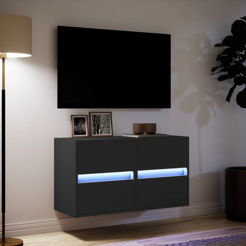 Muebles de TV de pared con luces LED 2 uds negro 41x31x45