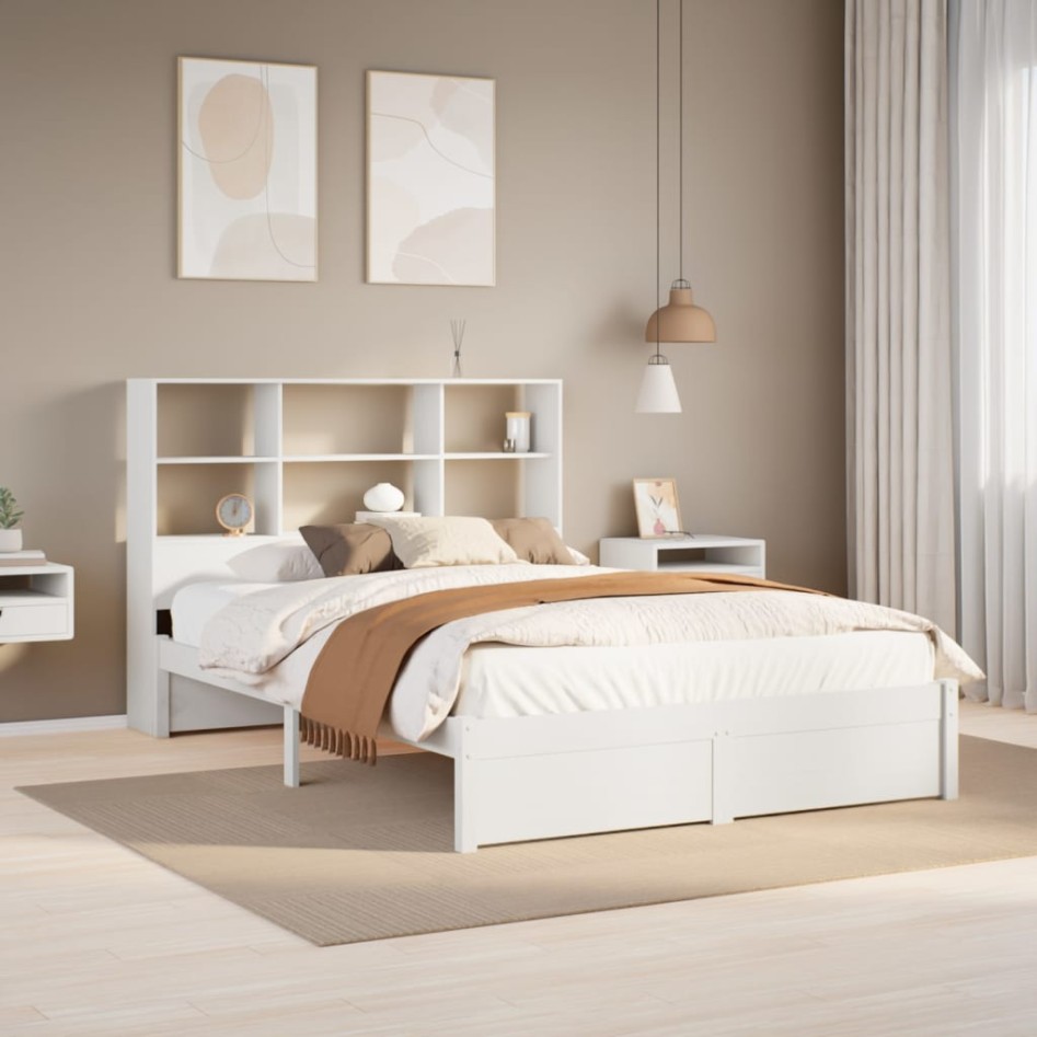 Cama con estantería sin colchón madera maciza blanca 150x200