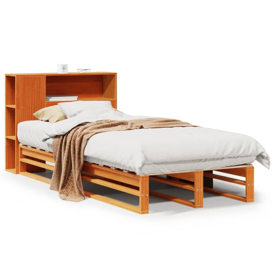 Cama con estantería sin colchón madera maciza marrón 75x190