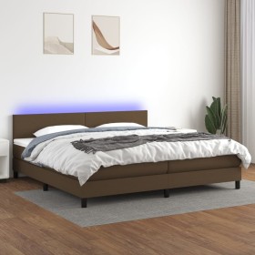 Cama box spring con colchón LED tela marrón oscuro 200x200