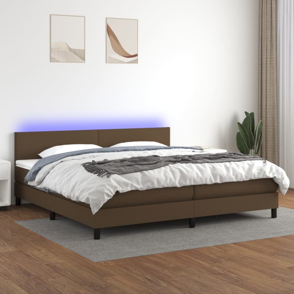 Cama box spring con colchón LED tela marrón oscuro 200x200