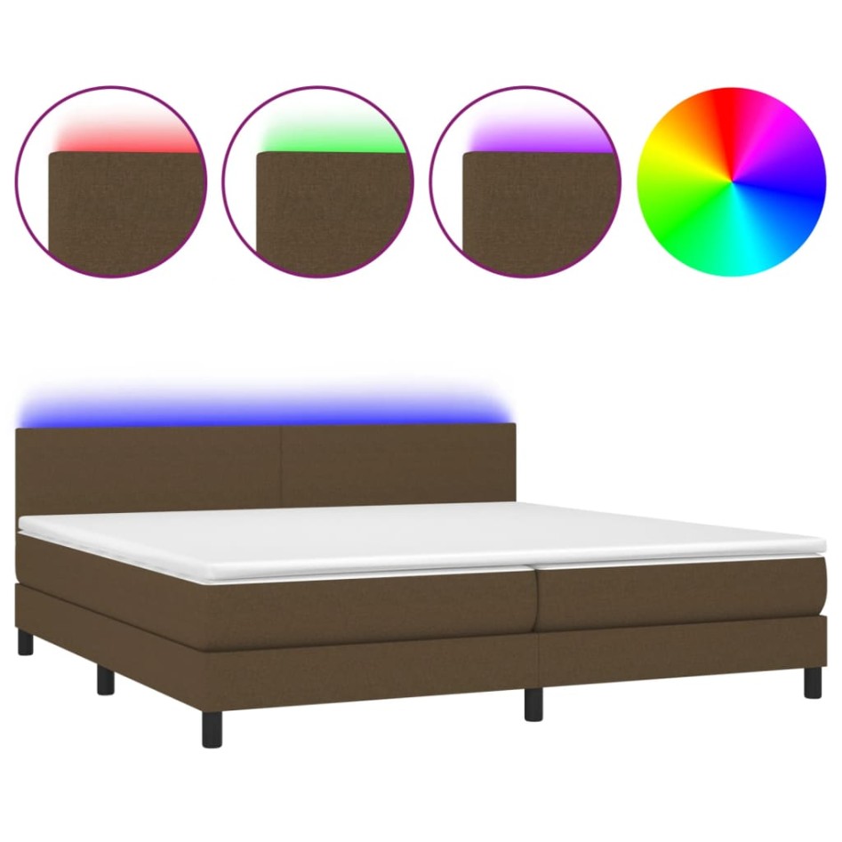 Cama box spring con colchón LED tela marrón oscuro 200x200