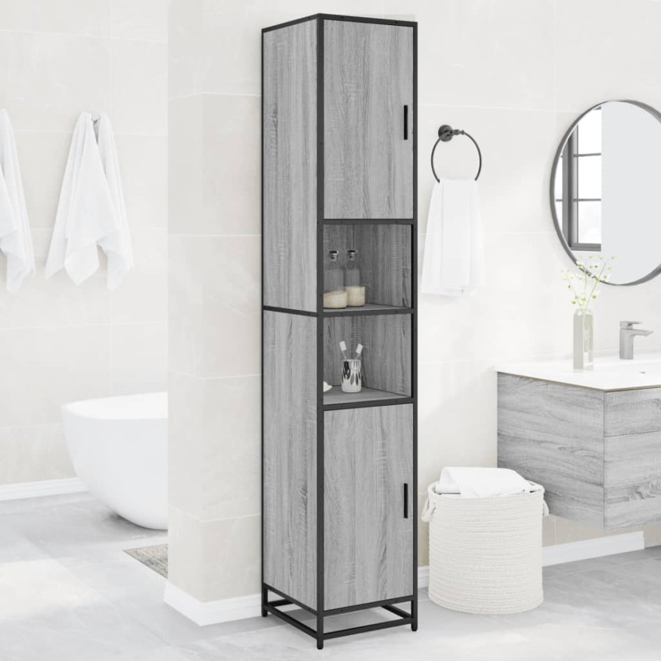 Armario de baño madera y metal gris Sonoma 35x37,5x188,5