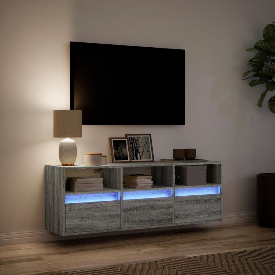 Mueble de TV de pared con luces LED gris Sonoma 130x31x45