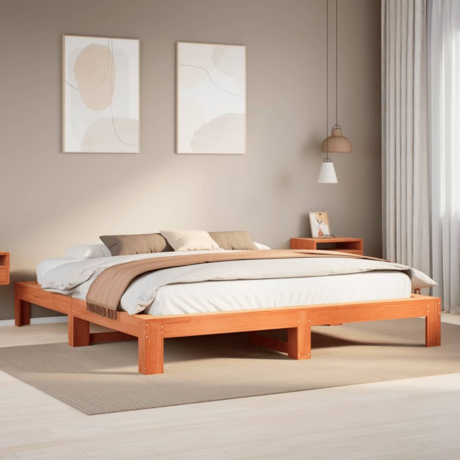 Cama sin colchón madera maciza de pino marrón cera 200x200