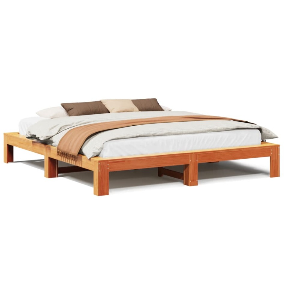 Cama sin colchón madera maciza de pino marrón cera 200x200