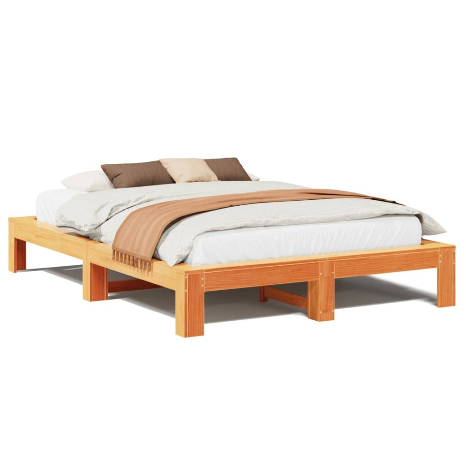 Cama sin colchón madera maciza de pino marrón cera 140x200