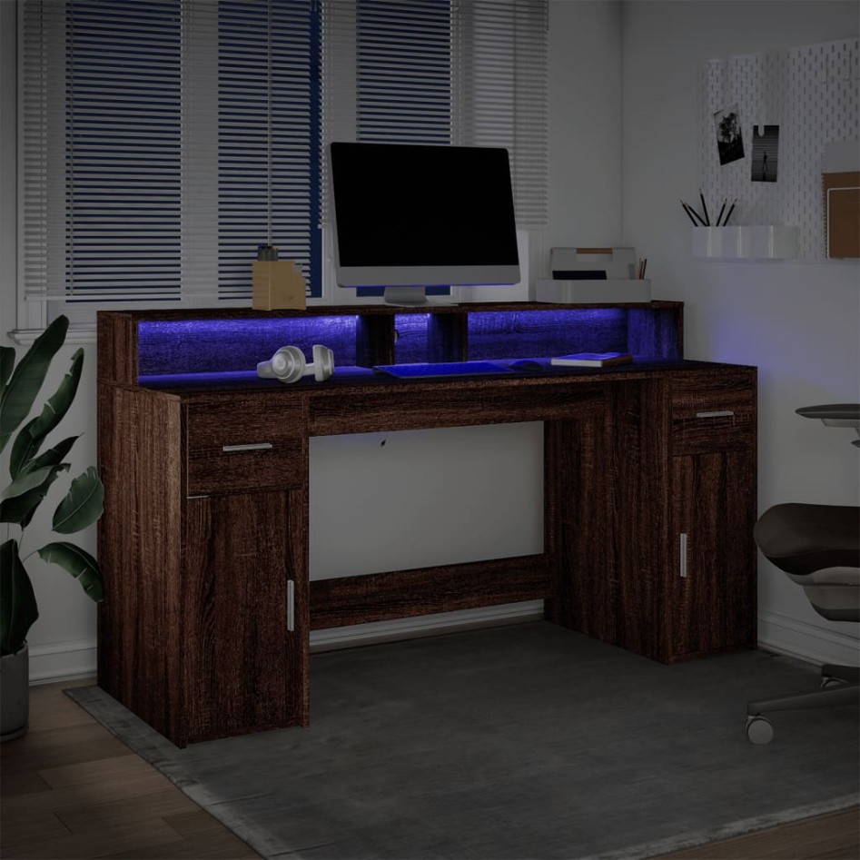 Escritorio con LED madera ingeniería marrón roble 160x55x91