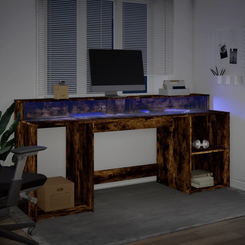 Escritorio con LED madera ingeniería roble ahumado 200x55x91