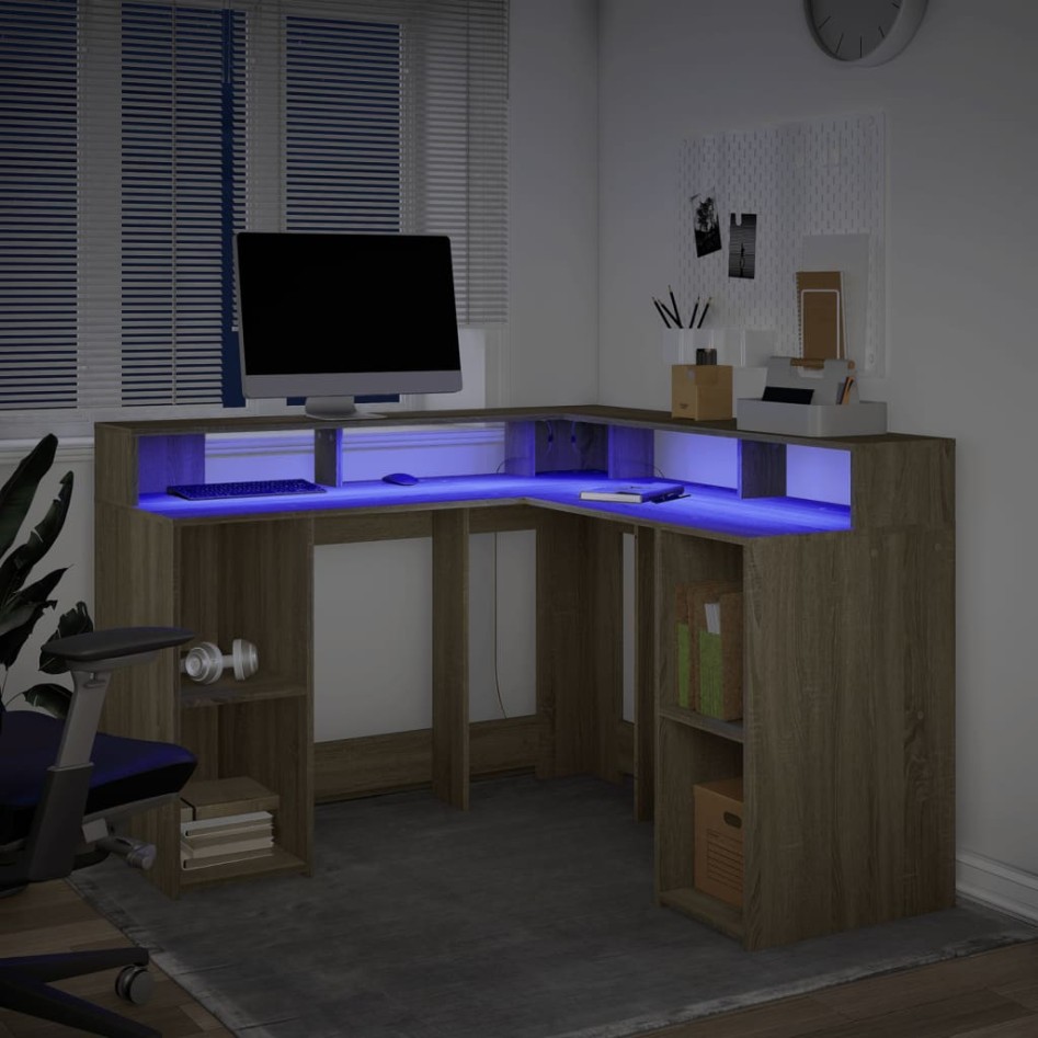 Escritorio con LED madera ingeniería roble Sonoma 130x130x91