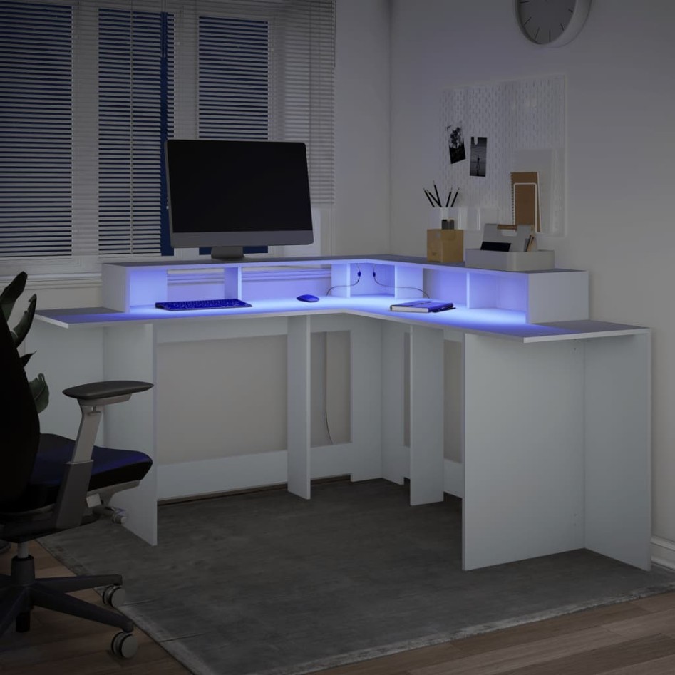 Escritorio con luz LED madera ingeniería blanco 152x152x91