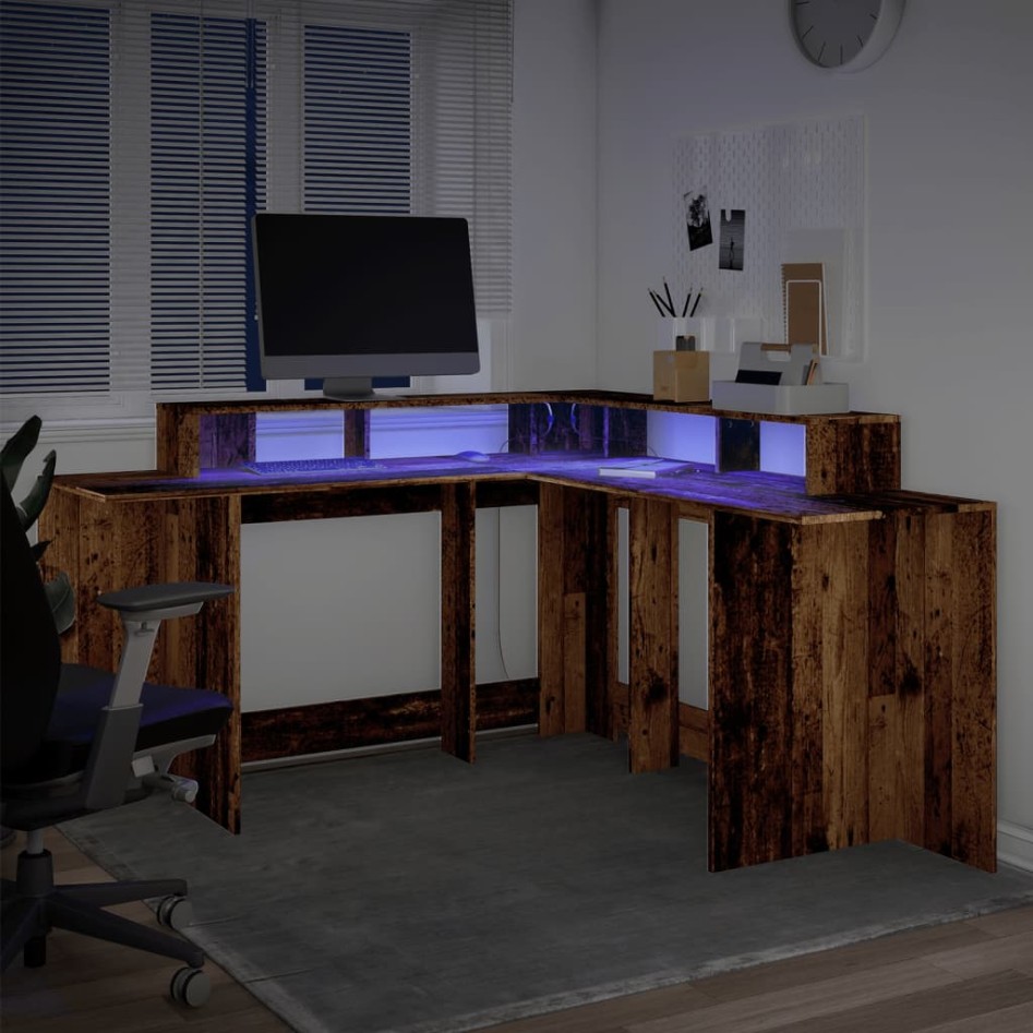 Escritorio con LED madera ingeniería envejecida 152x152x91