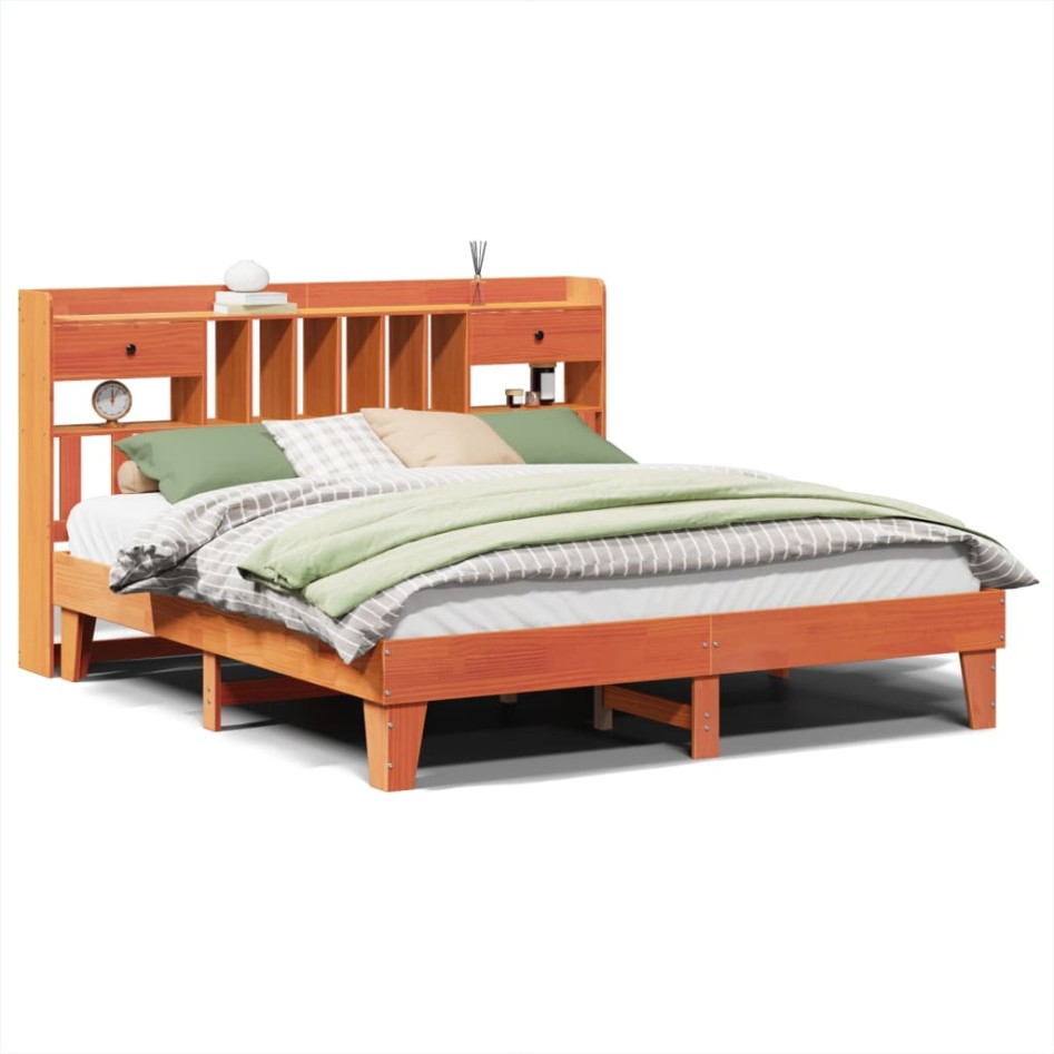 Cama sin colchón madera maciza de pino marrón cera 200x200