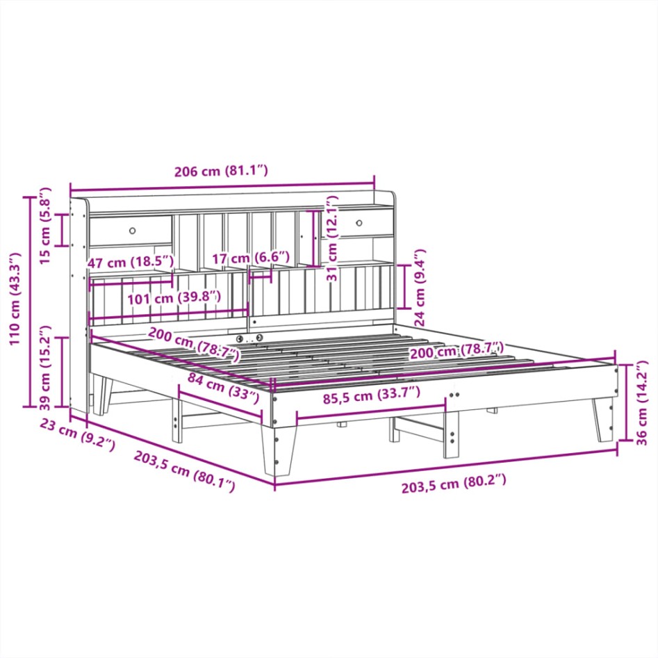 Estructura de cama sin colchón madera maciza de pino 200x200