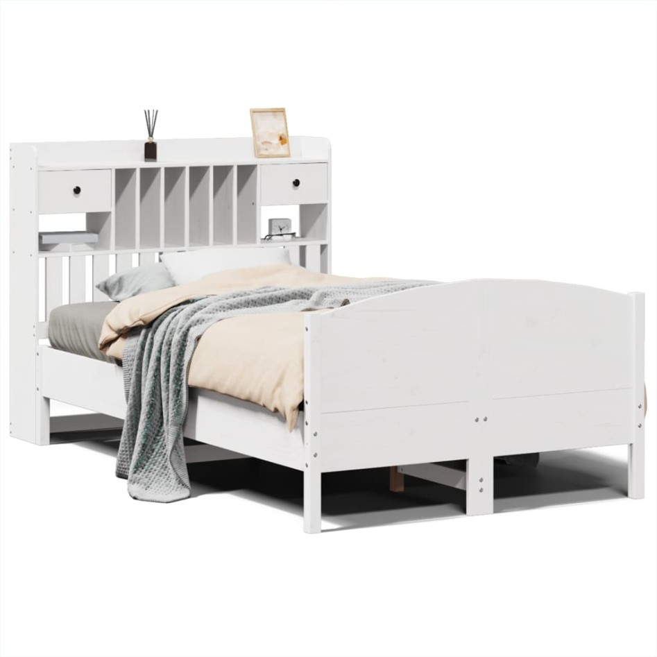 Cama con estantería sin colchón madera maciza blanca 135x190
