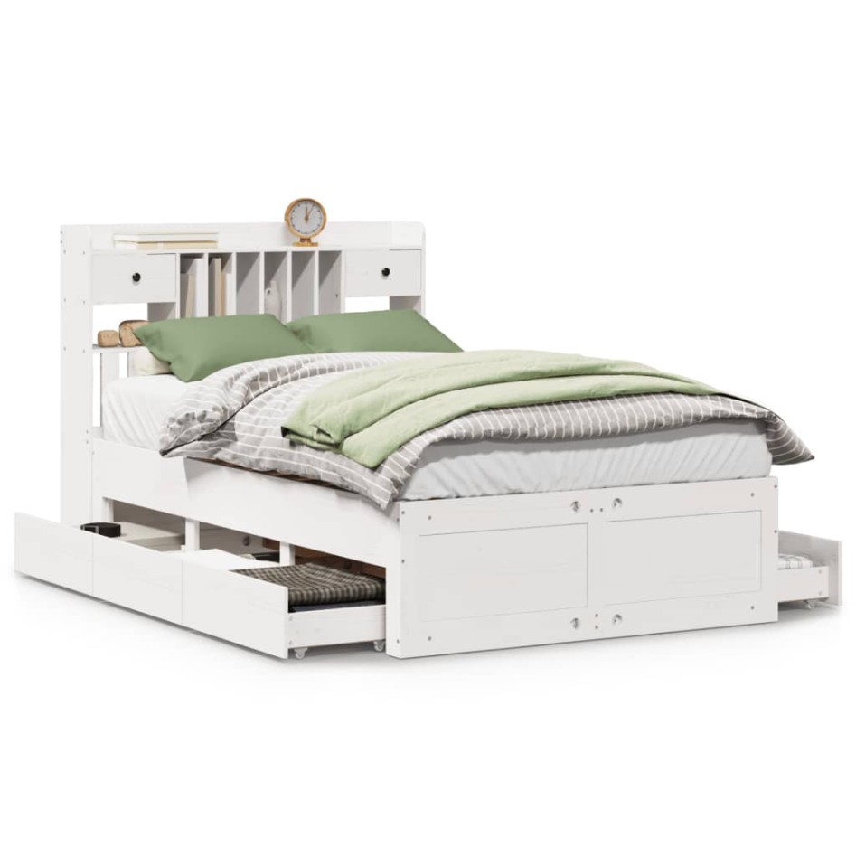 Cama con estantería sin colchón madera maciza blanca 135x190