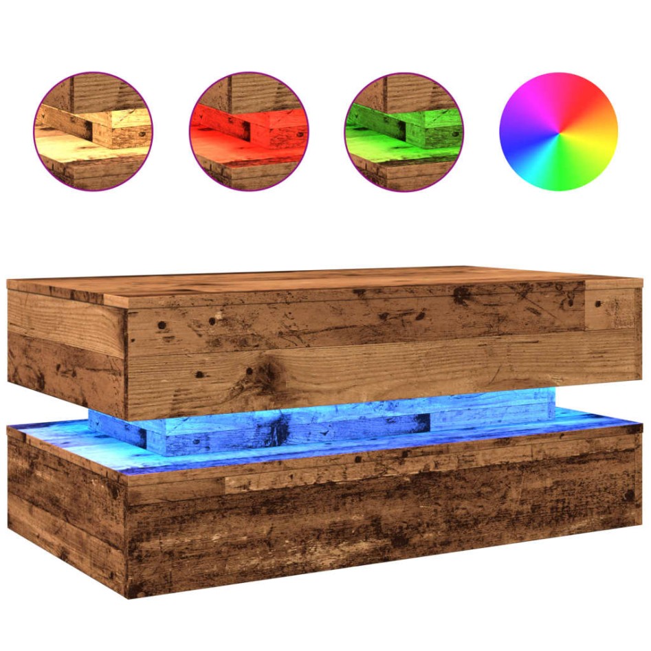 Mesa de centro con luces LED madera envejecida 90x50x40